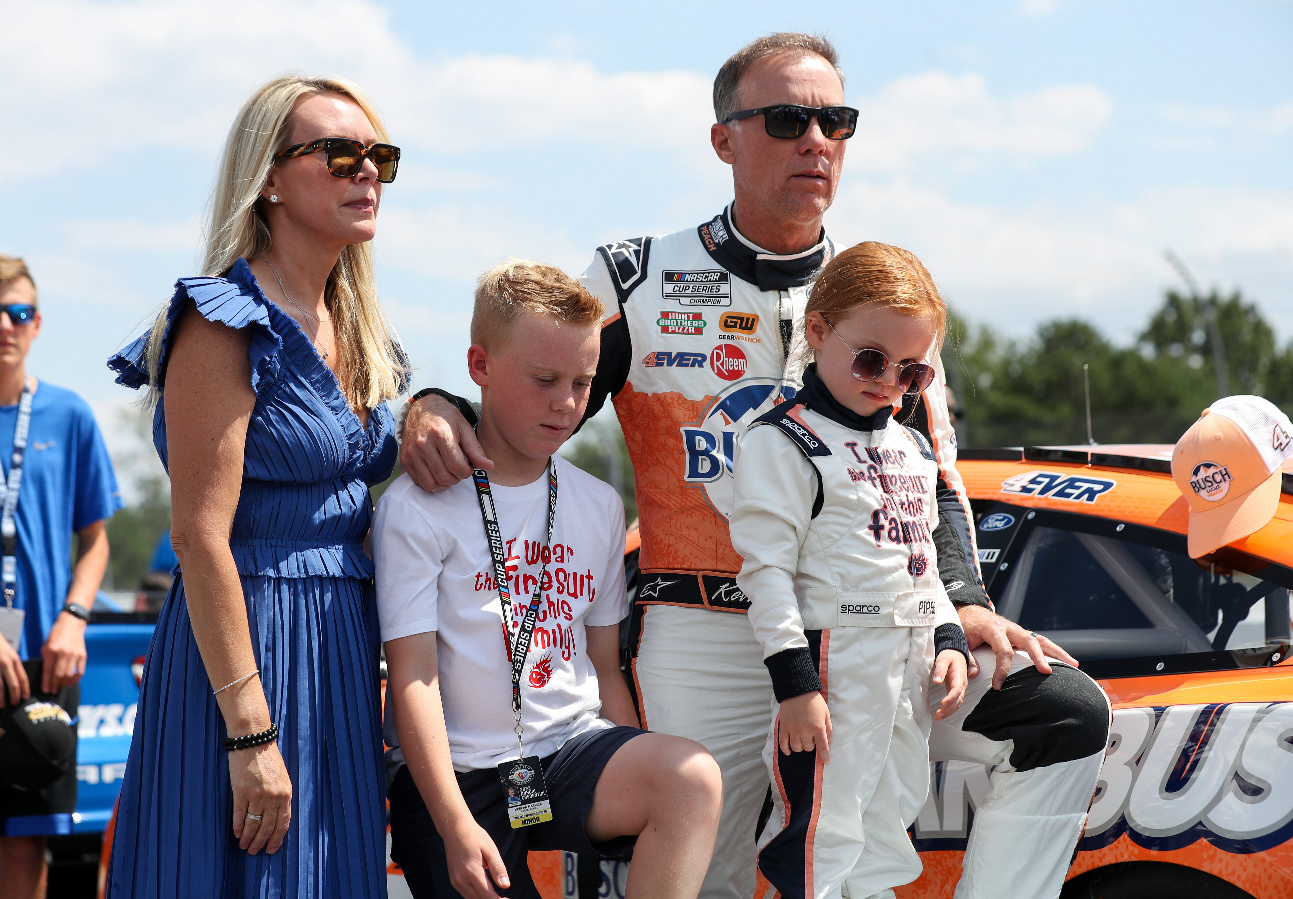Kevin Harvick stands with his wife DeLana Harvick and son Keelan and daughter Piper at Pocono. Source: Imagn